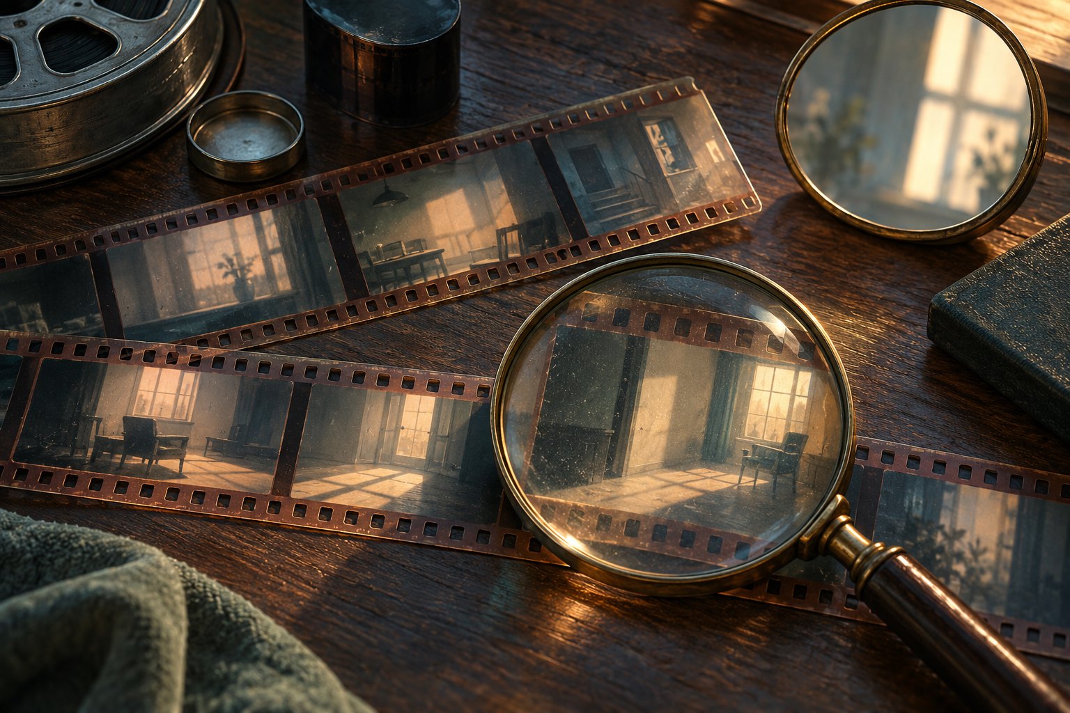 Conceptual illustration of a magnifying glass over photographic film strips beside a round mirror on a wooden editing desk.