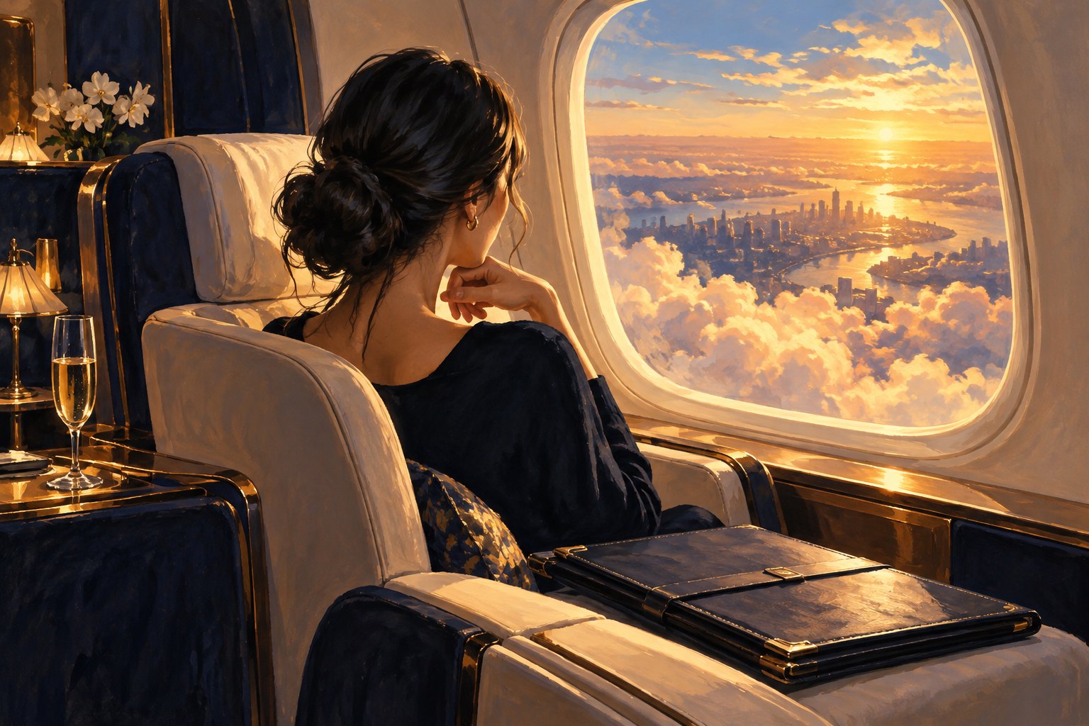 Editorial illustration of a dark-haired woman in a first-class airplane seat beside an art portfolio, looking toward golden clouds.