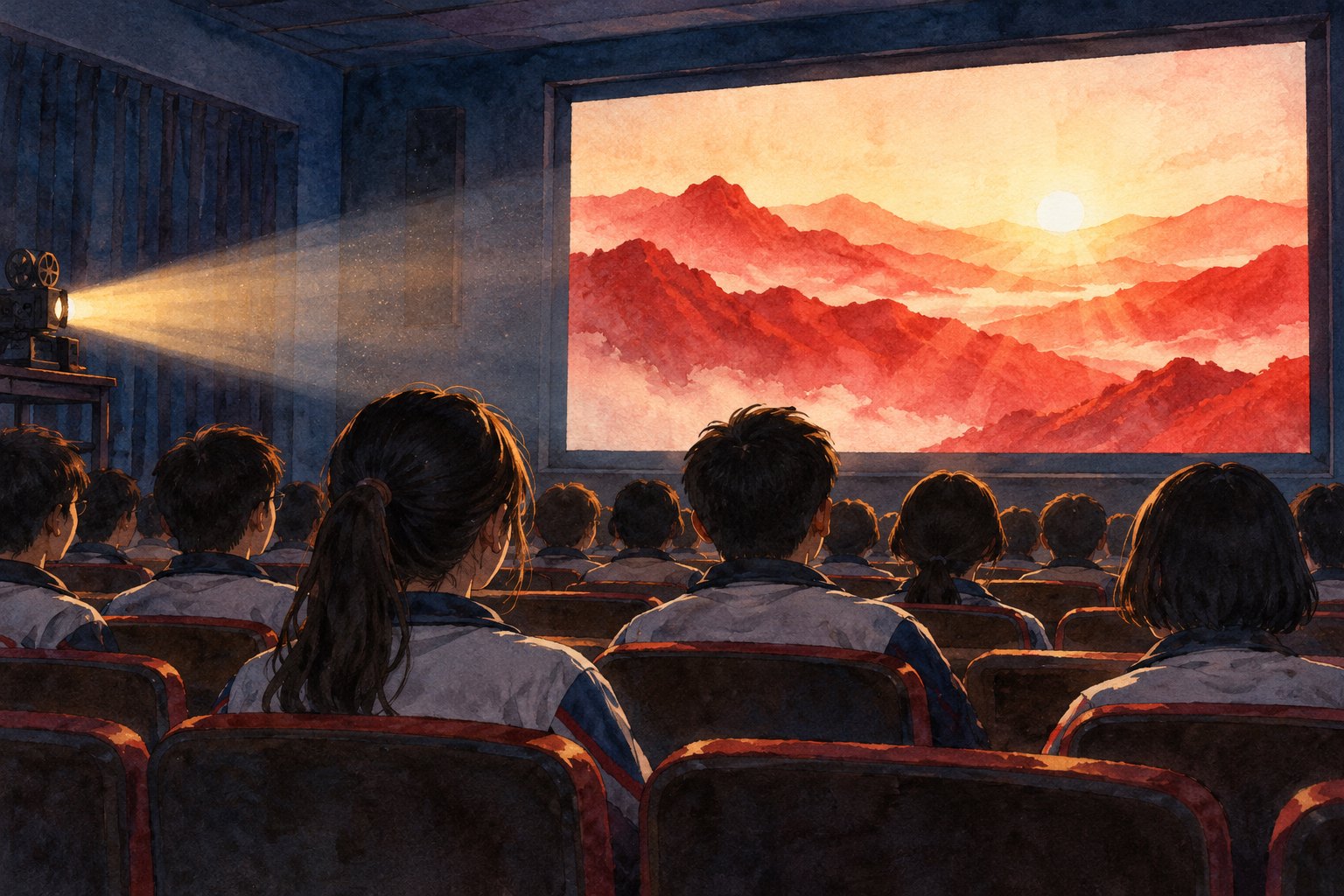 校园放映室里学生面向暖红色山景银幕观看电影的水彩概念插画
