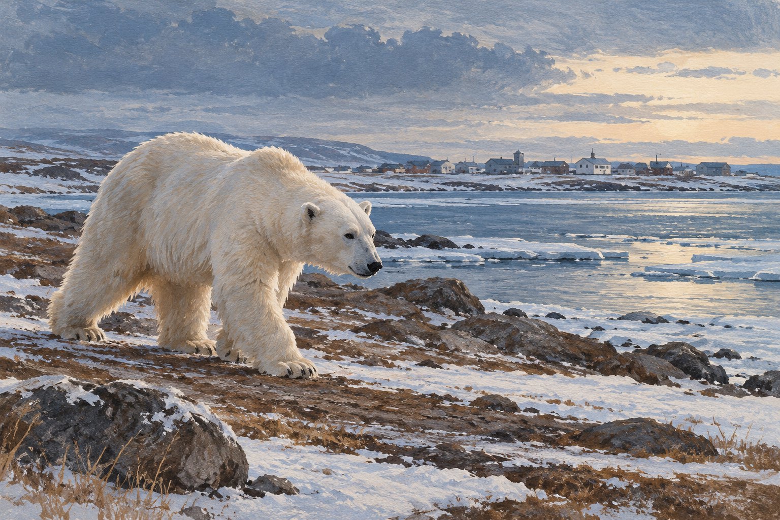 Editorial illustration of a polar bear walking along a snowy, rocky shoreline with a small town in the distance.