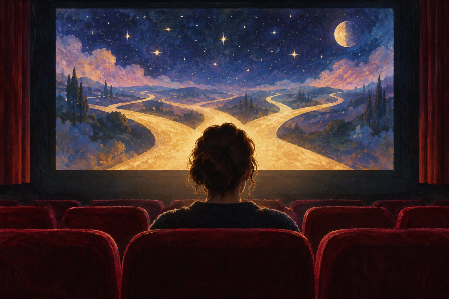 An illustrated moviegoer watches branching golden paths beneath a starry sky on a theater screen.