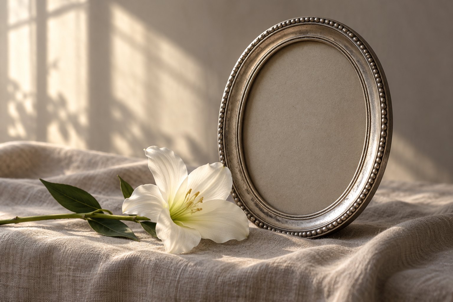A white flower beside an empty silver picture frame on gray linen in soft window light.