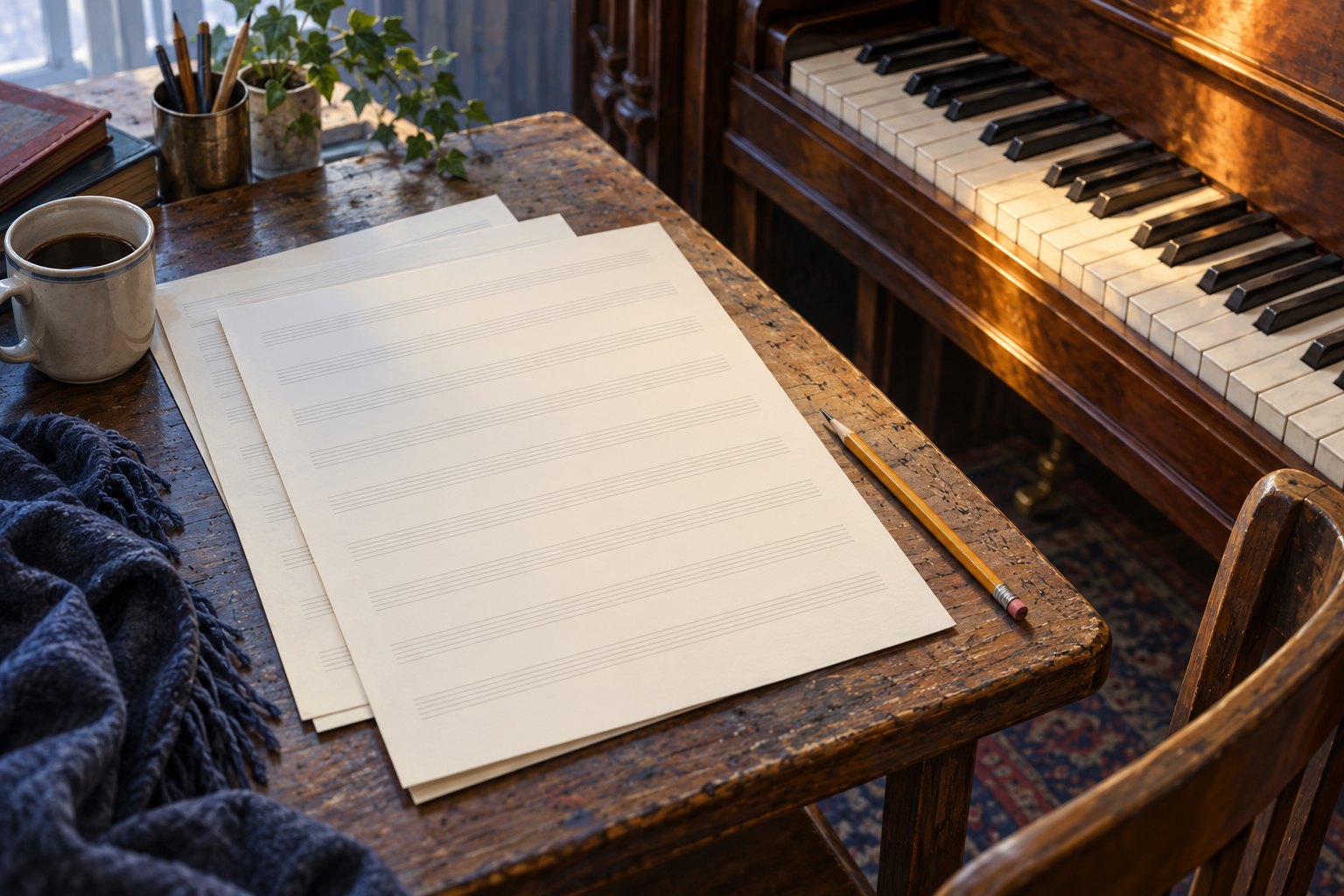 Conceptual illustration of cream manuscript paper and a pencil on a wooden table beside an upright piano.