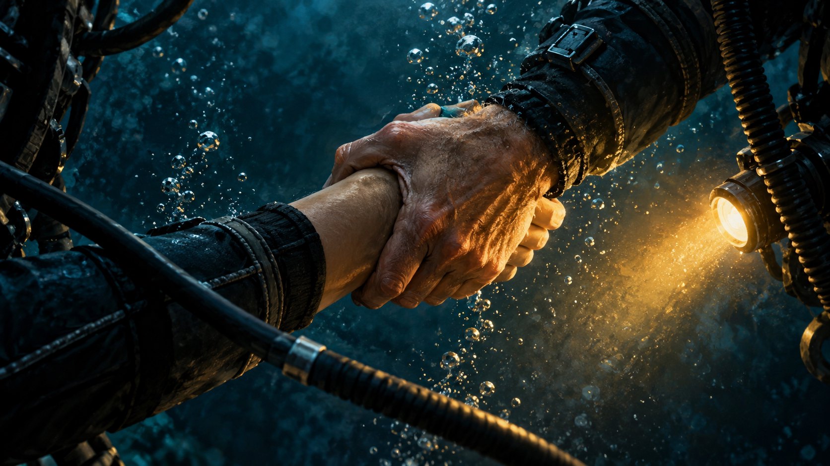 幽暗水下兩名潛水者緊握彼此前臂,以手電筒暖光呈現信任與支撐的概念插畫,非電影劇照