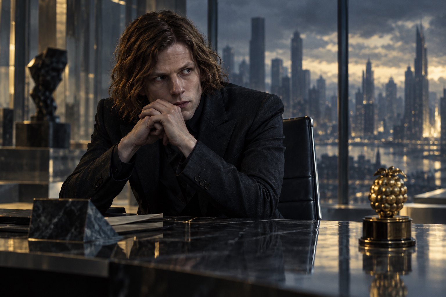 Editorial illustration of Jesse Eisenberg as a long-haired Lex Luthor in a dark office beside a gold raspberry-shaped trophy.