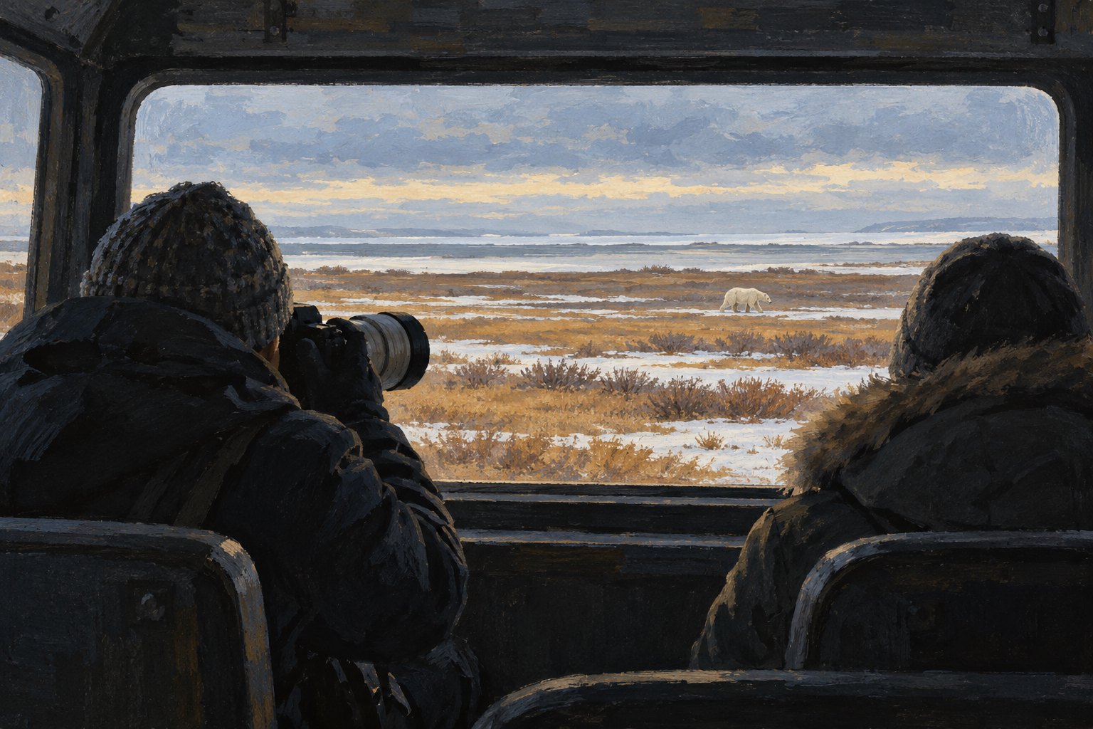 Editorial illustration of two bundled visitors watching a distant polar bear through an observation vehicle window.