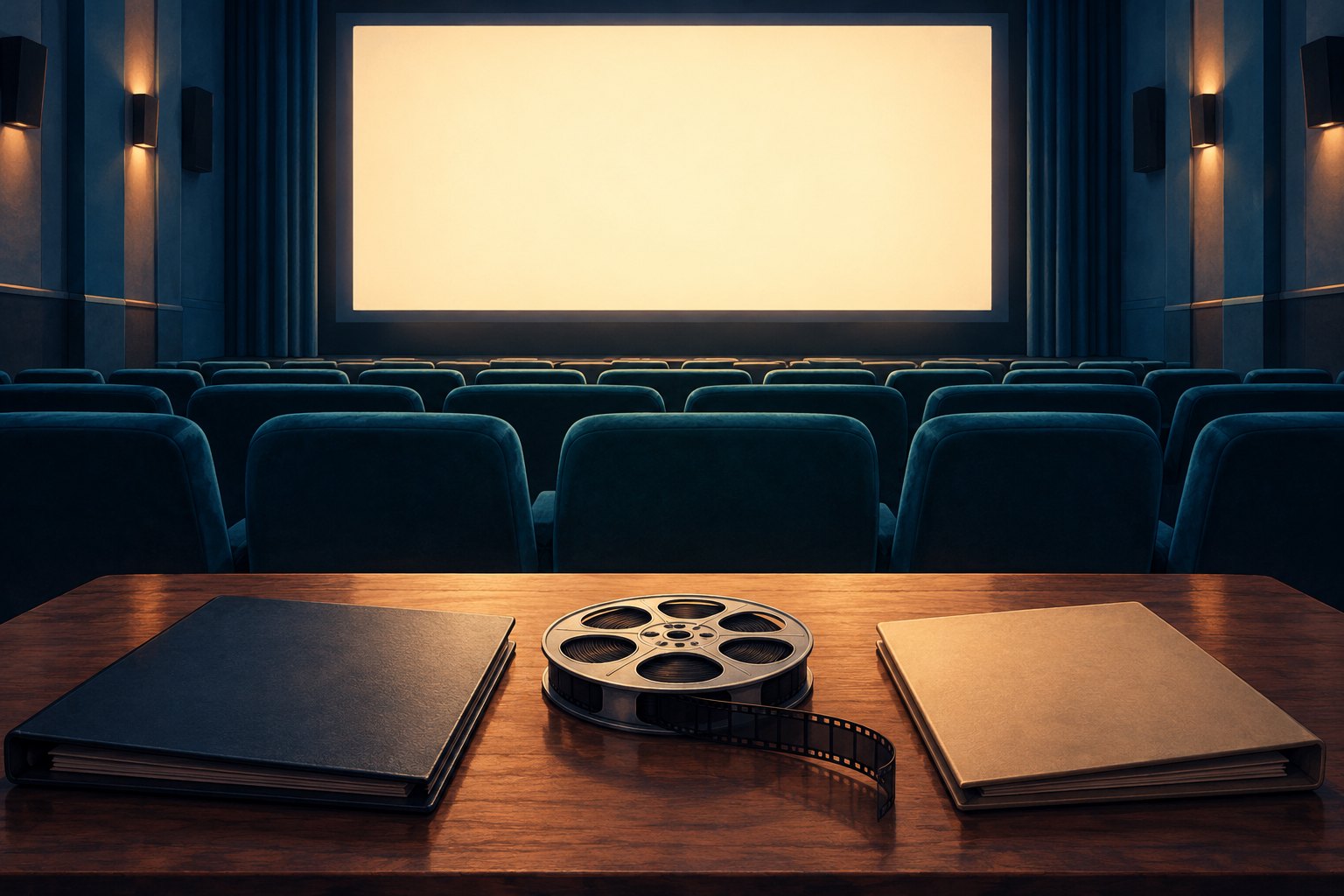 Conceptual illustration of an empty screening room with a glowing blank screen, closed folders, and a film reel on a table.