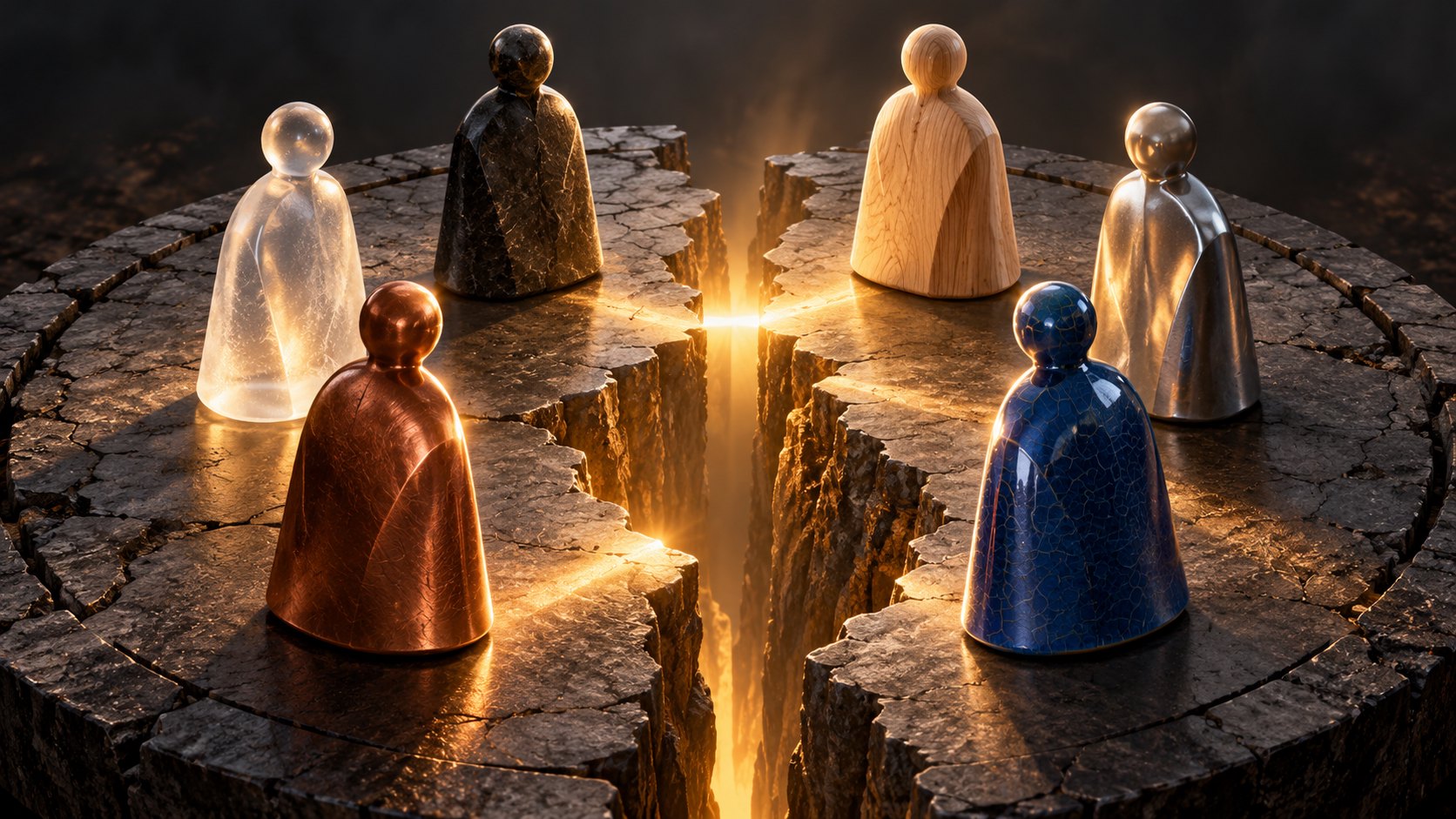 不同材質的人形棋子圍繞石臺裂縫，象徵團隊中的差異與合作，非電影劇照