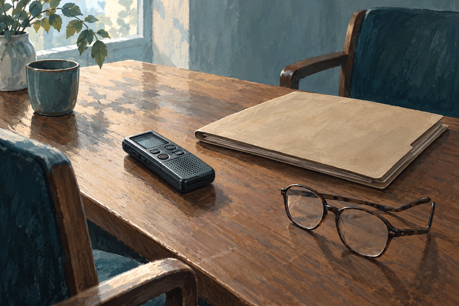 Symbolic painted illustration of an audio recorder, a plain folder, and reading glasses between two empty interview chairs.