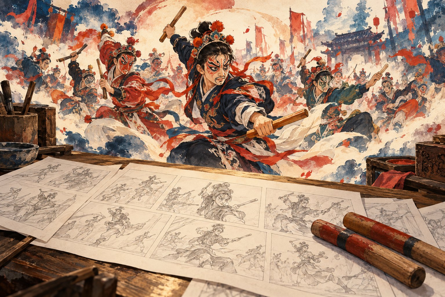 分镜草图与木槌衬托英歌舞者群像的原创主题插画,非影片剧照