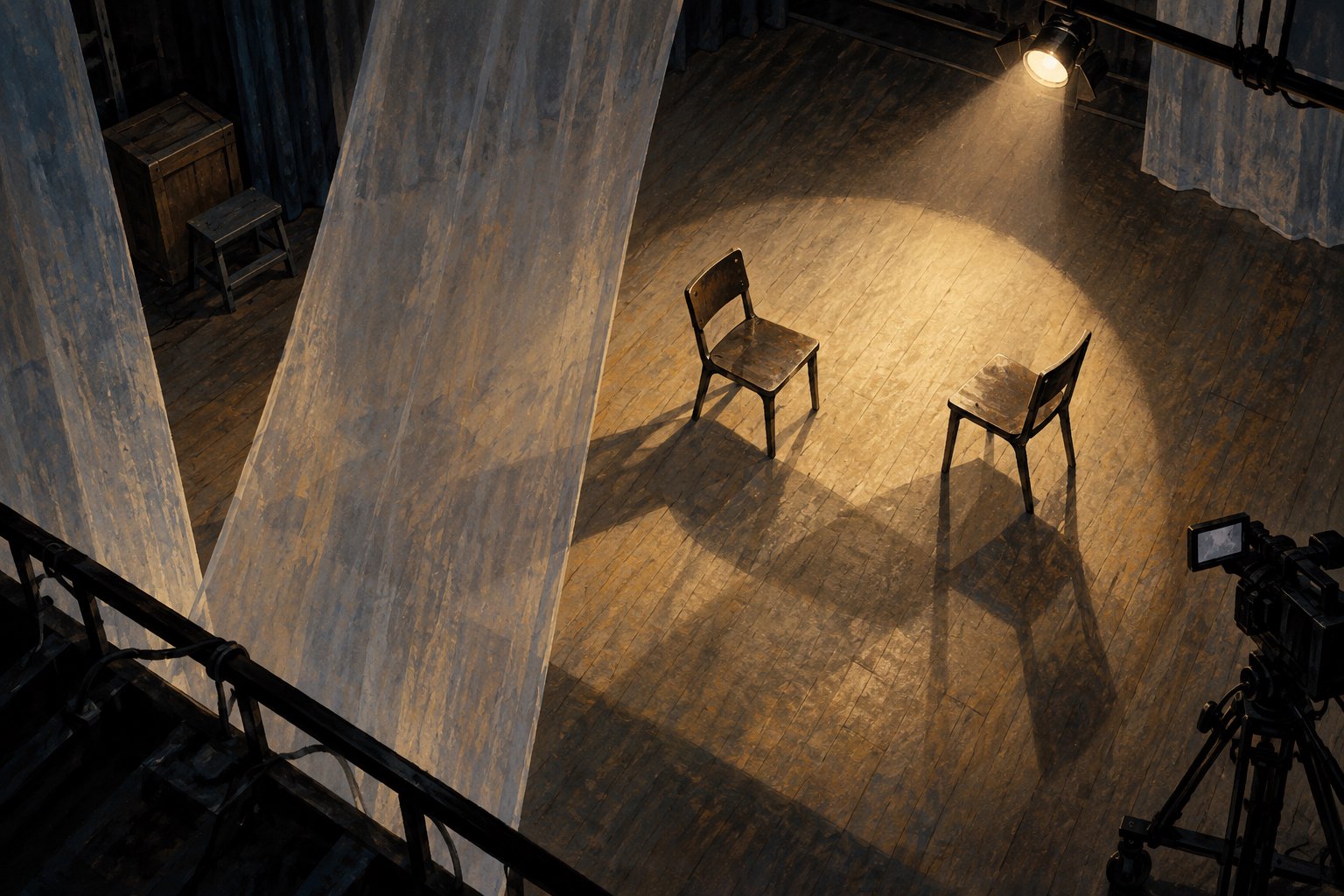 Conceptual illustration of two empty rehearsal chairs beneath a spotlight, with a translucent curtain and a camera nearby.