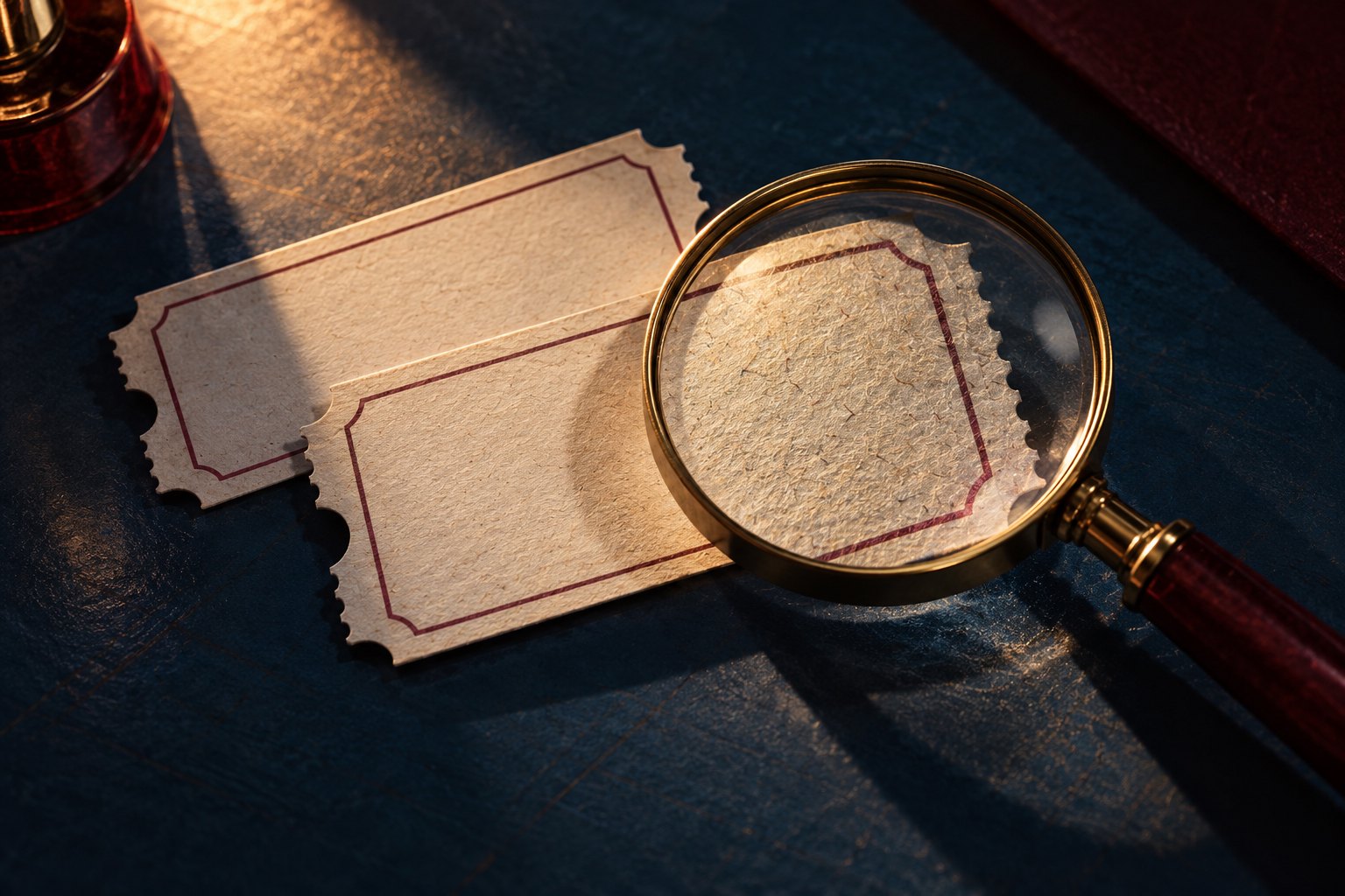 Conceptual illustration of a magnifying glass examining two unprinted cinema tickets.