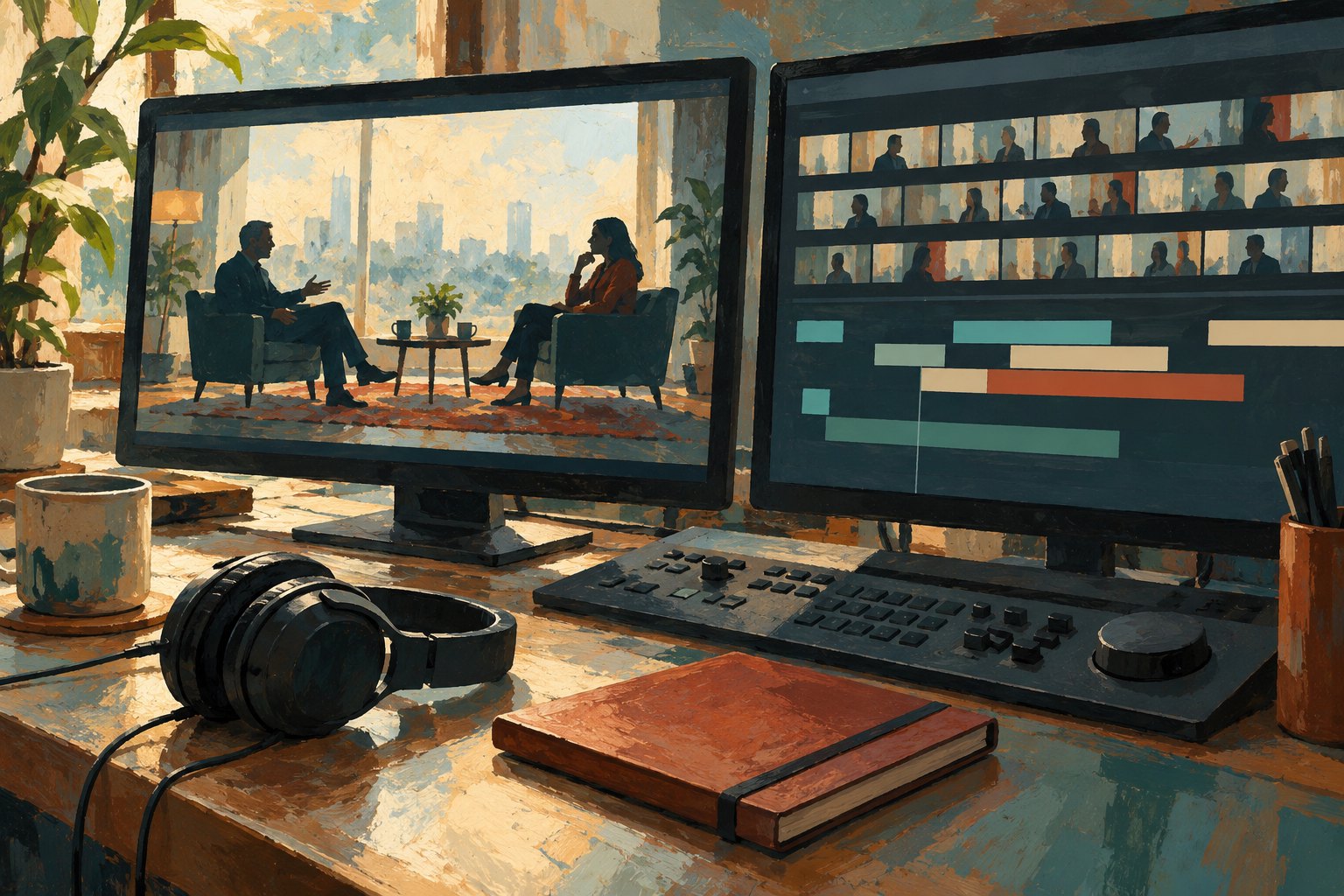 Editorial illustration of an editing desk with interview footage on two monitors, headphones, and a closed notebook.