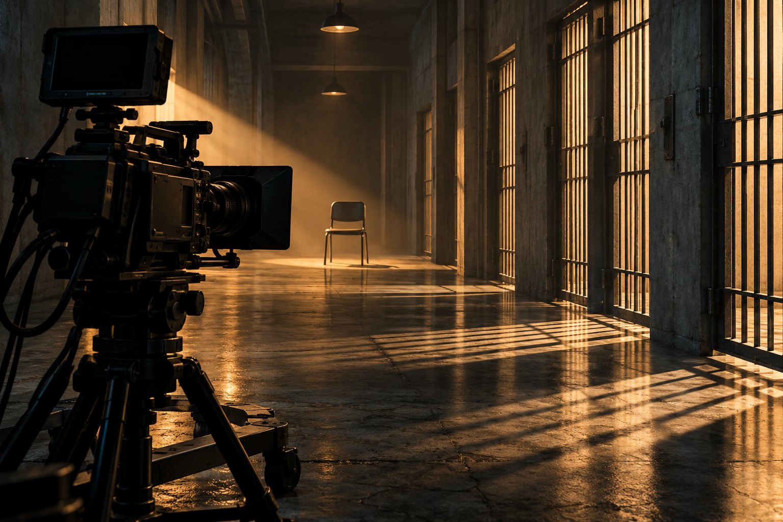 Conceptual illustration of a television camera facing an empty chair in a shadowy institutional corridor.