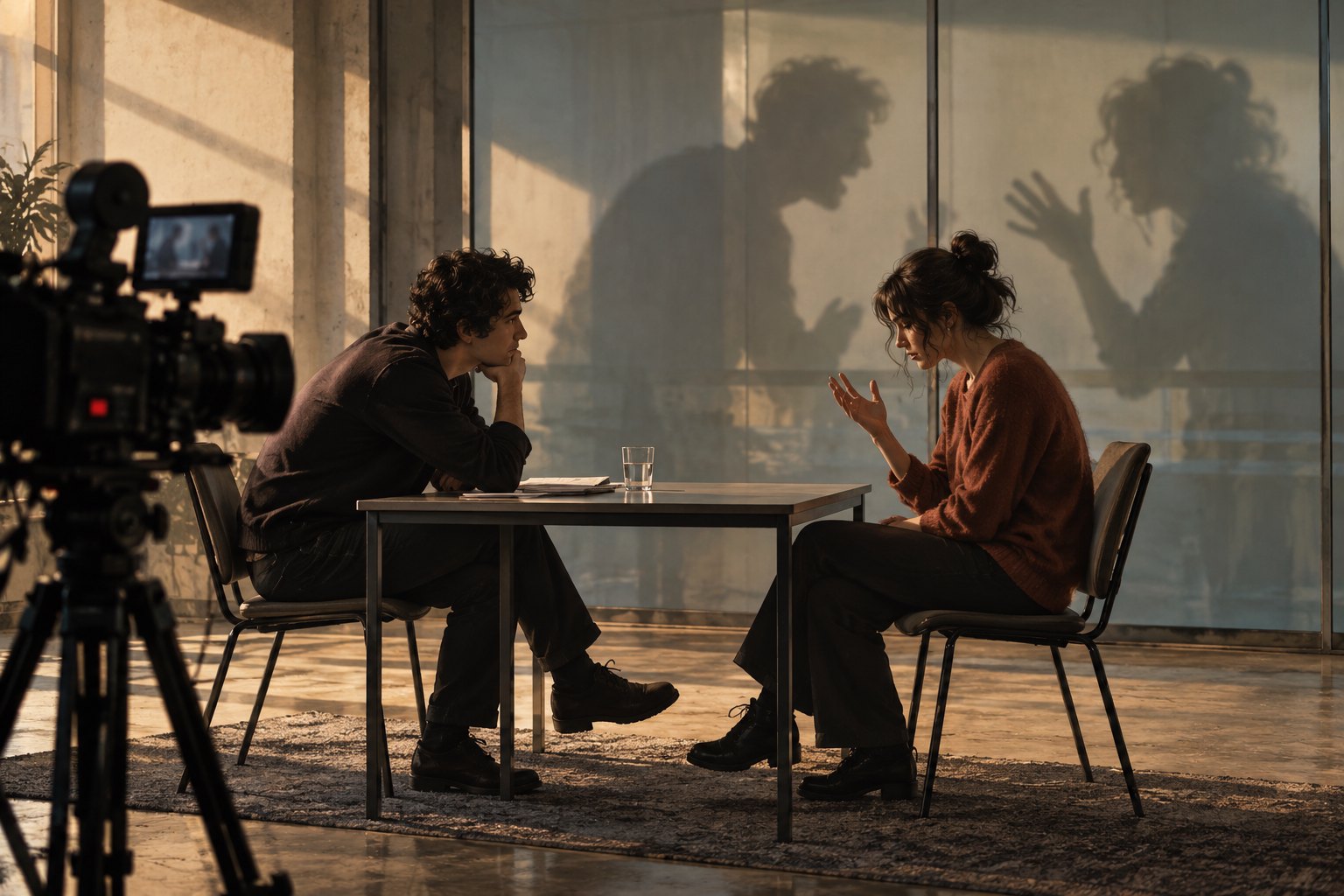 Two performers rehearse across a table in a sunlit room while a camera frames their exchange.