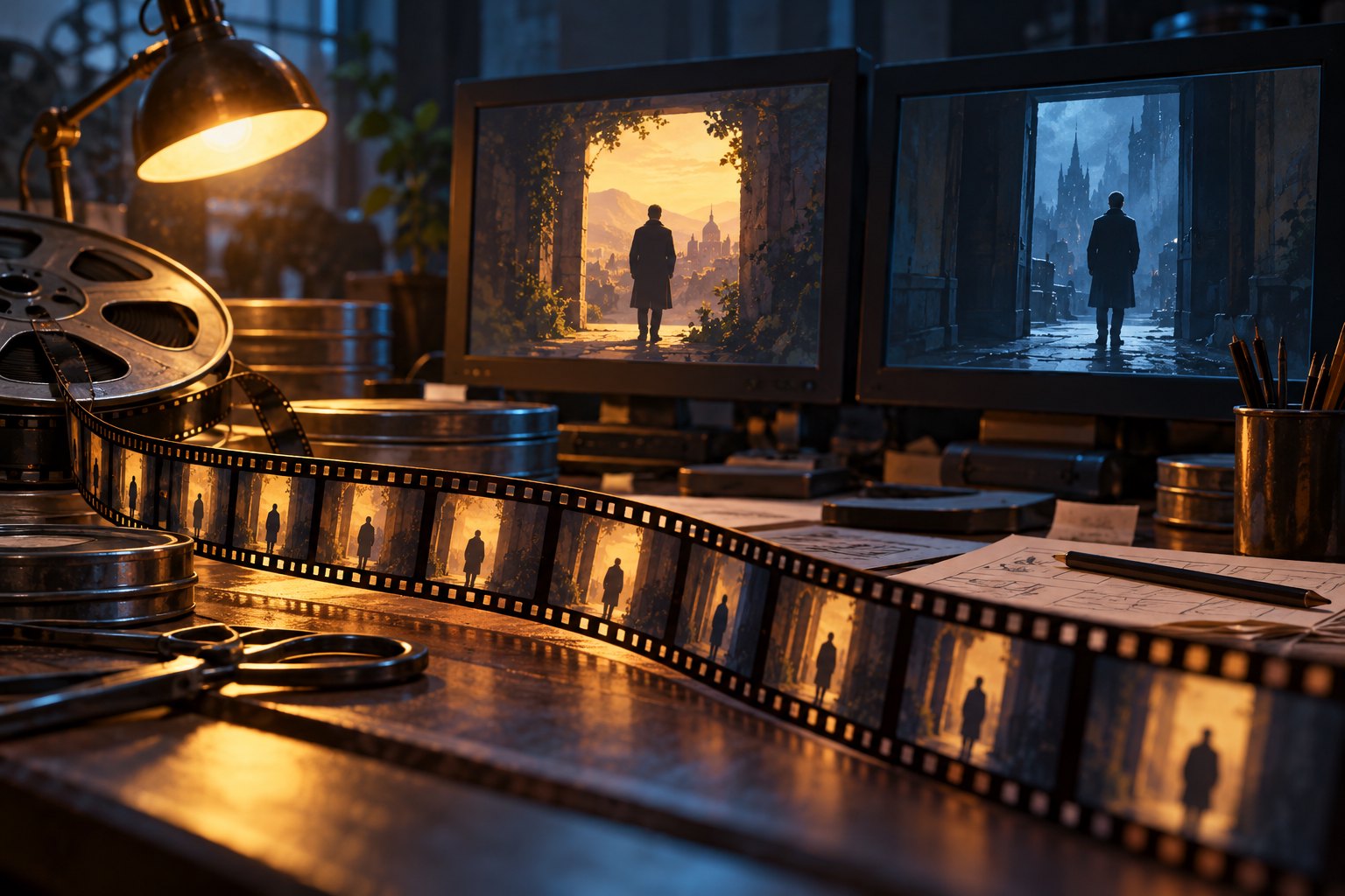 Editorial illustration of a film editing desk with a ribbon of film and two monitors showing a solitary figure in contrasting light.