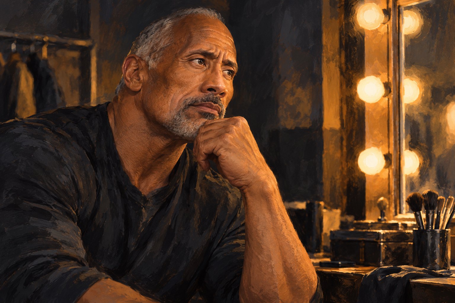 Conceptual painted portrait of Dwayne Johnson imagined as an older man beside a warmly illuminated dressing room mirror.