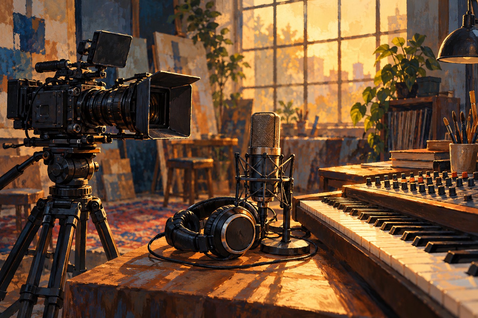 Illustration of a cinema camera, studio microphone, headphones, piano keys, and mixing console in a warmly lit creative workspace.