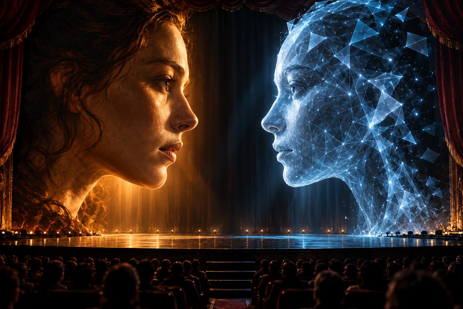 A warmly lit human face and a blue digital face confront each other above a theater stage.