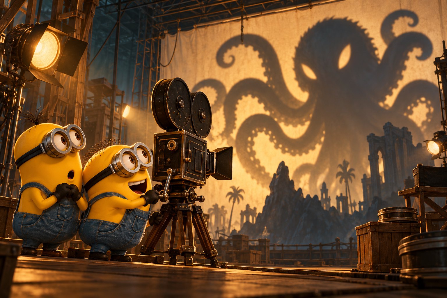 Original editorial illustration of two Minions beside a vintage movie camera facing a giant tentacled shadow on a studio backdrop.