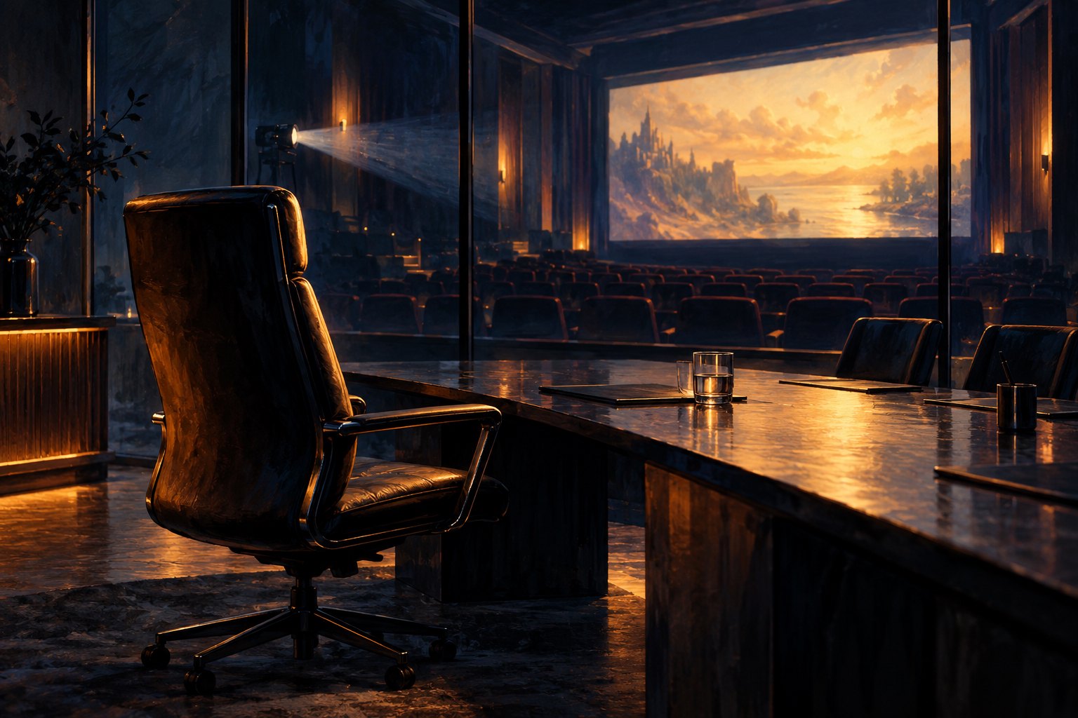 Editorial illustration of an empty executive chair beside a conference table overlooking a warmly illuminated cinema screen.