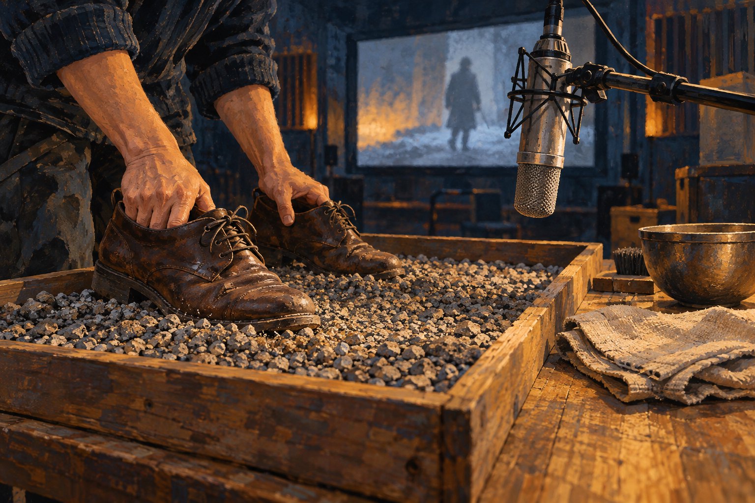 Illustration of hands moving leather shoes through a gravel tray beneath a microphone to create footsteps for a film.