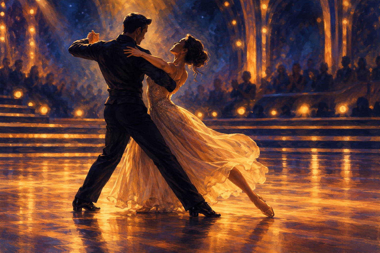 Painterly illustration of a ballroom couple dancing under warm stage lights before a softly silhouetted audience.
