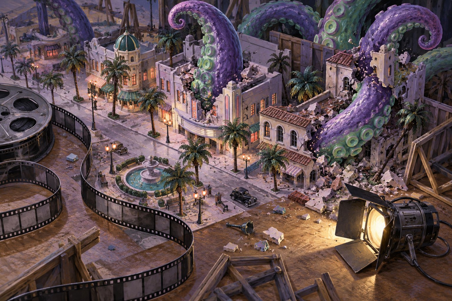 Original conceptual illustration of purple and green tentacles breaking through a miniature Hollywood street set beside film reels and a spotlight.
