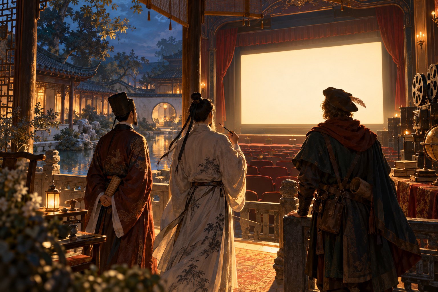 两位中国古代文士与一位欧洲旅行者面向庭院影院银幕的概念插画,非活动现场