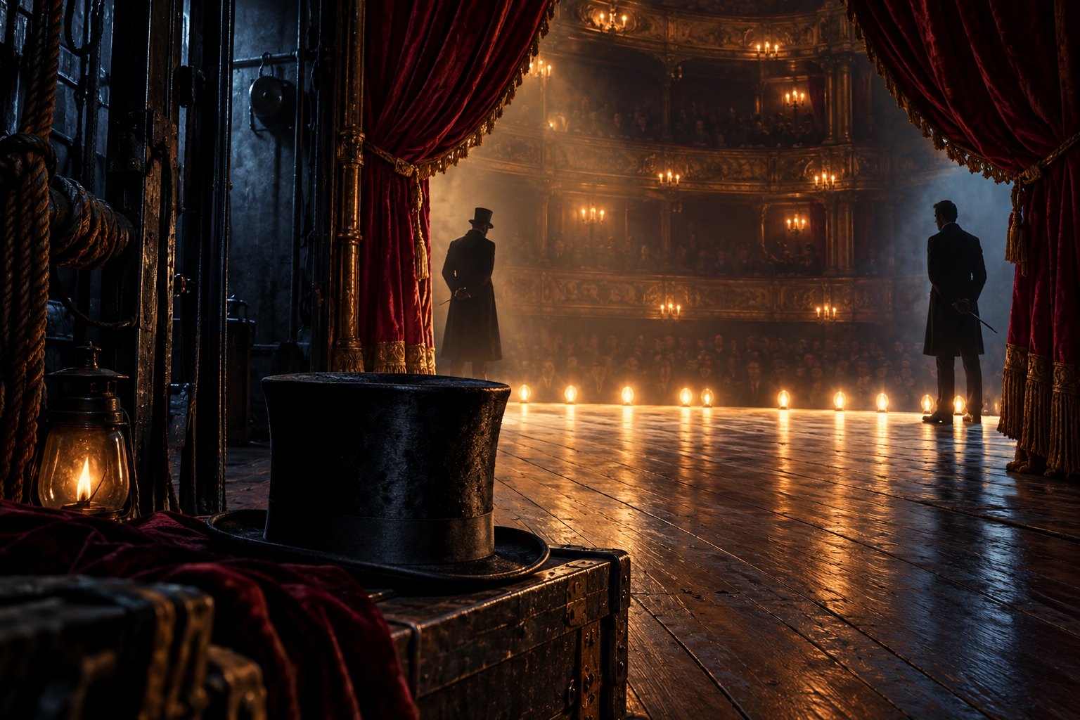 Illustration of two magicians on a Victorian theater stage, with a black top hat in the shadowed foreground.