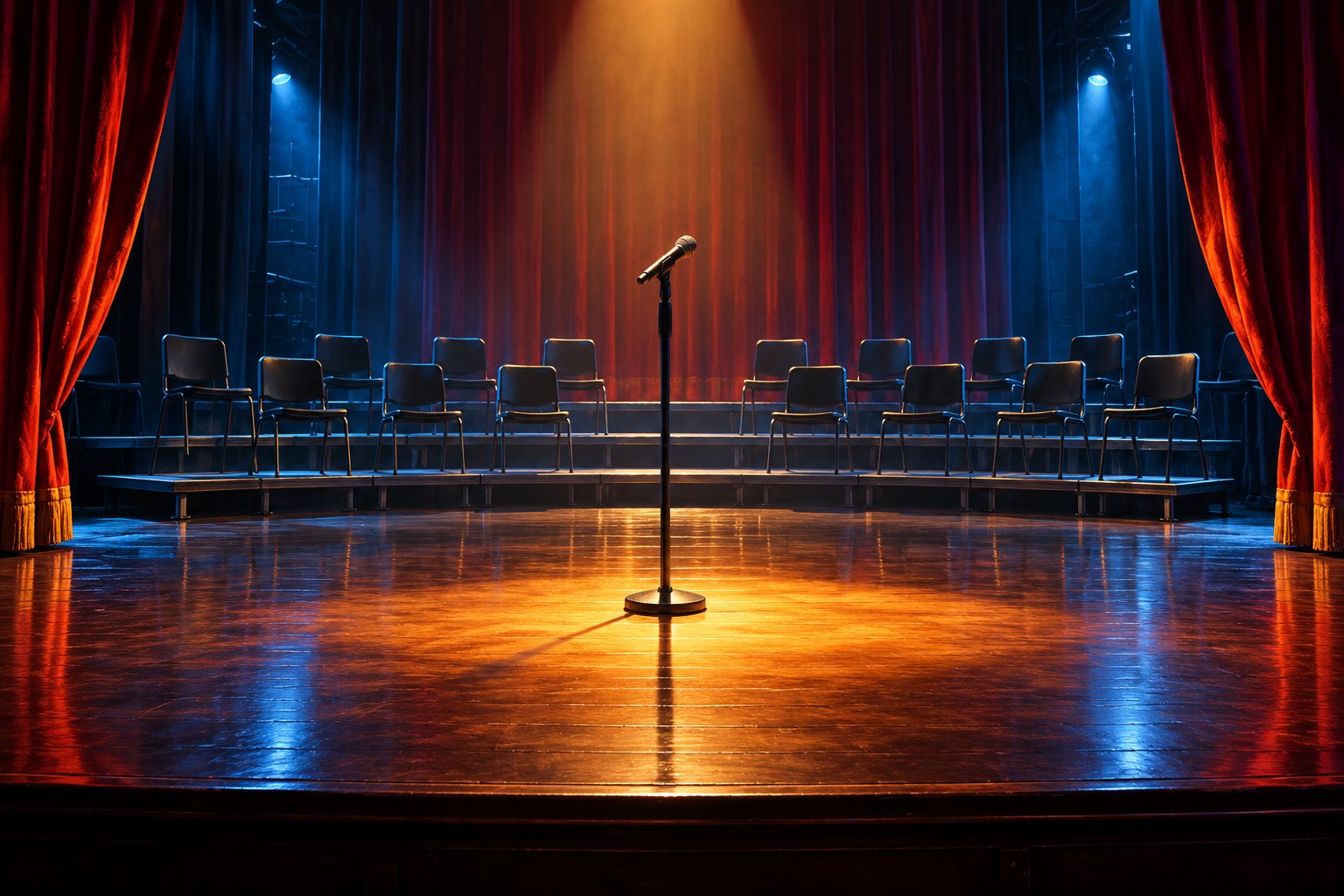 Illustration of a microphone under a warm spotlight on an empty auditorium stage, with rehearsal chairs and red curtains behind it.