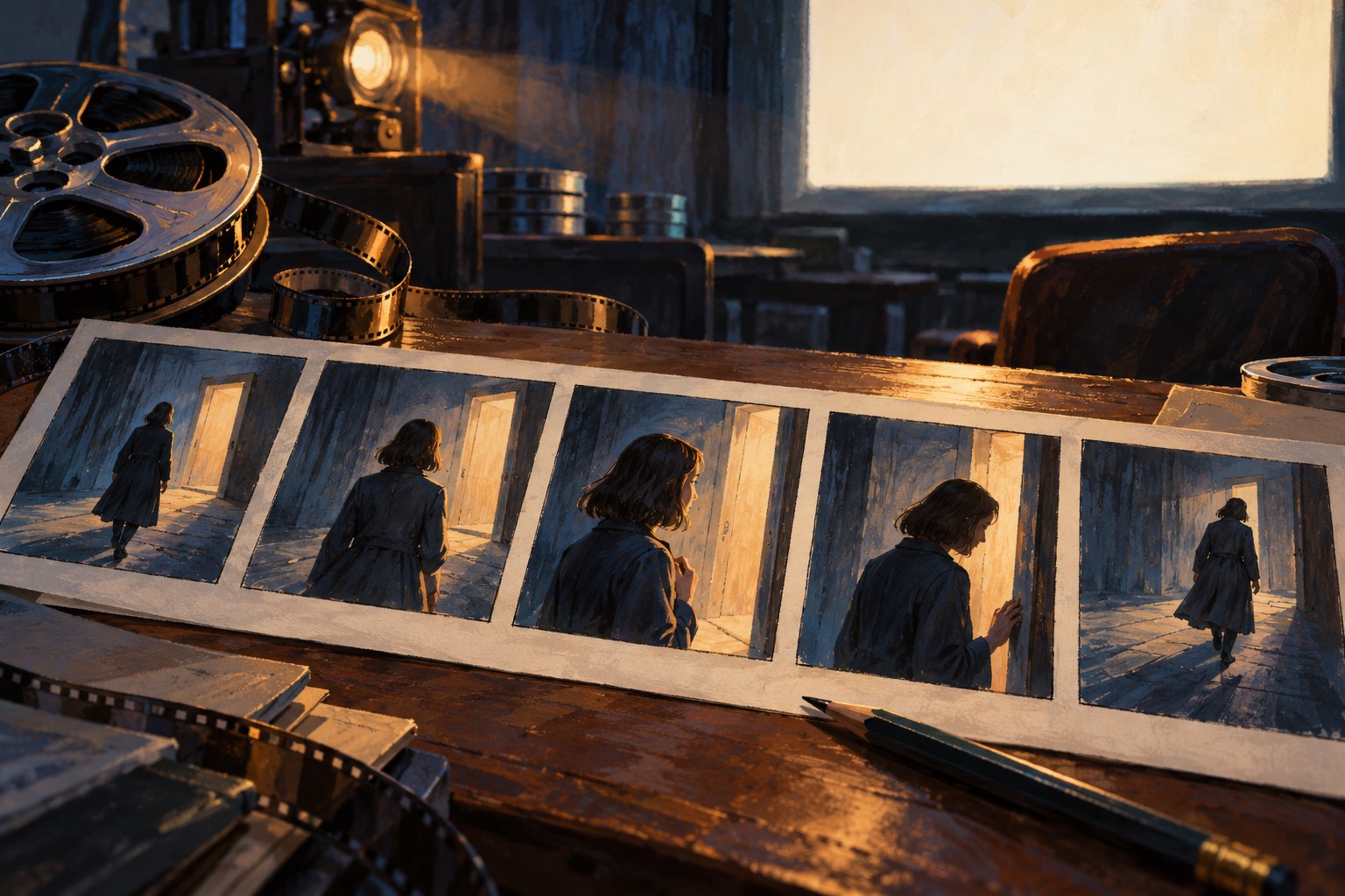 Illustrated storyboard panels show a fictional woman approaching a doorway, beside film reels and a pencil in a warmly lit screening room.