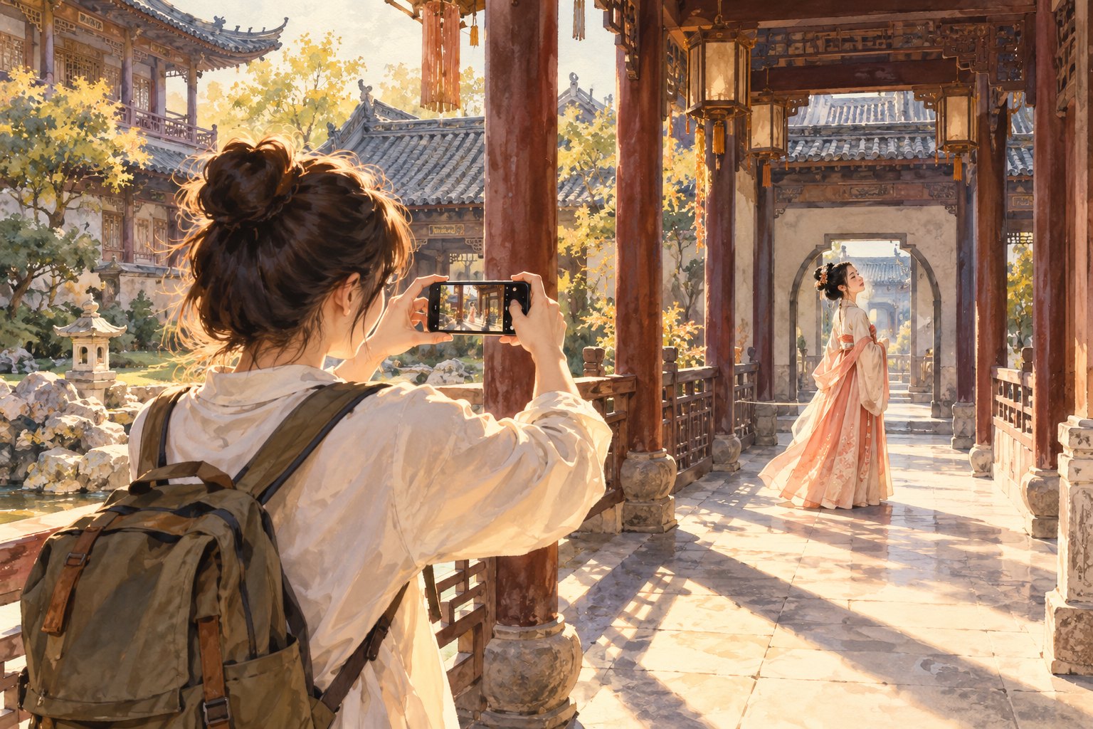 庭院取景概念插画:游客横持手机拍摄木廊下的古装同伴
