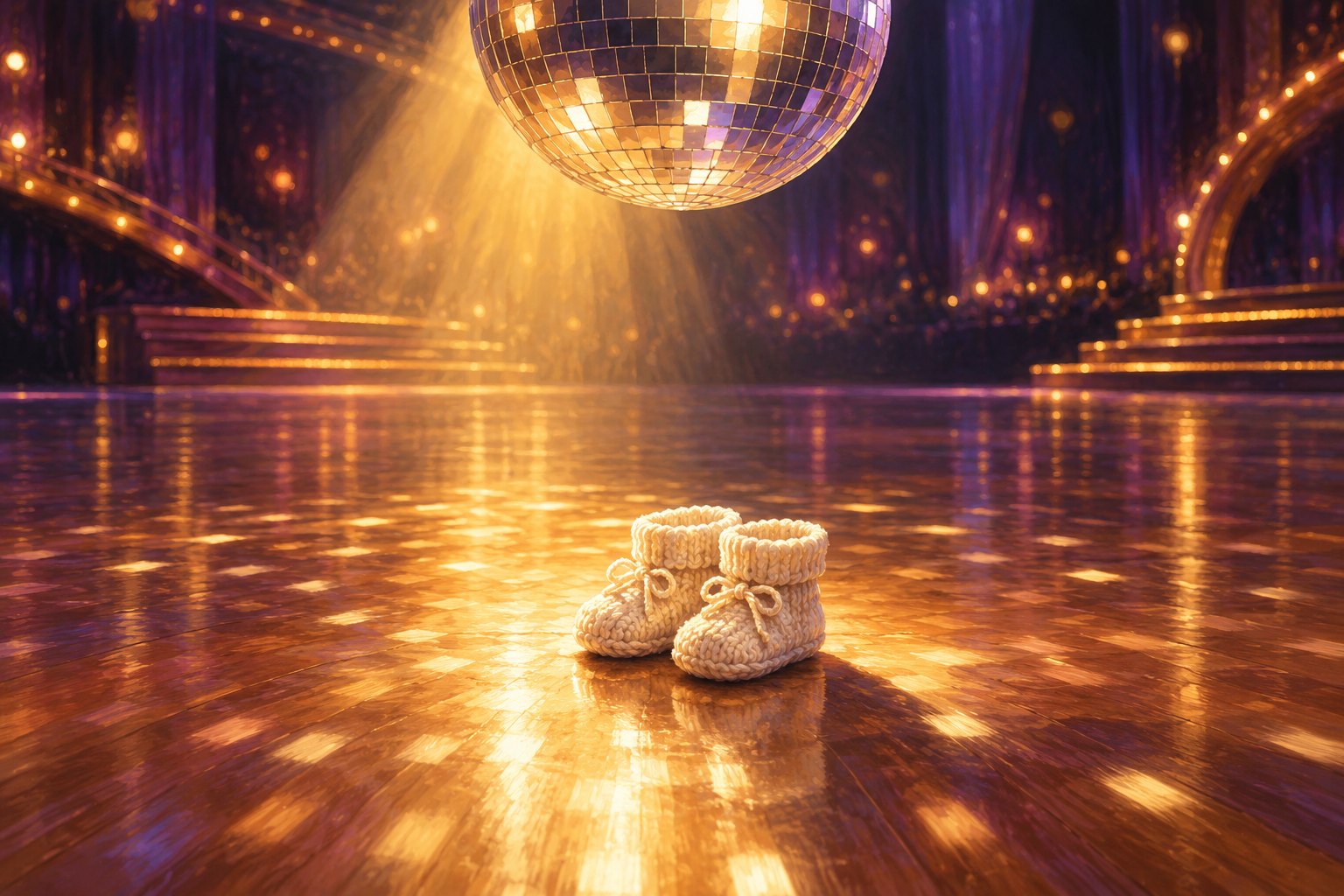 Conceptual illustration of ivory baby booties on a ballroom floor beneath a mirrored disco ball and warm spotlight.