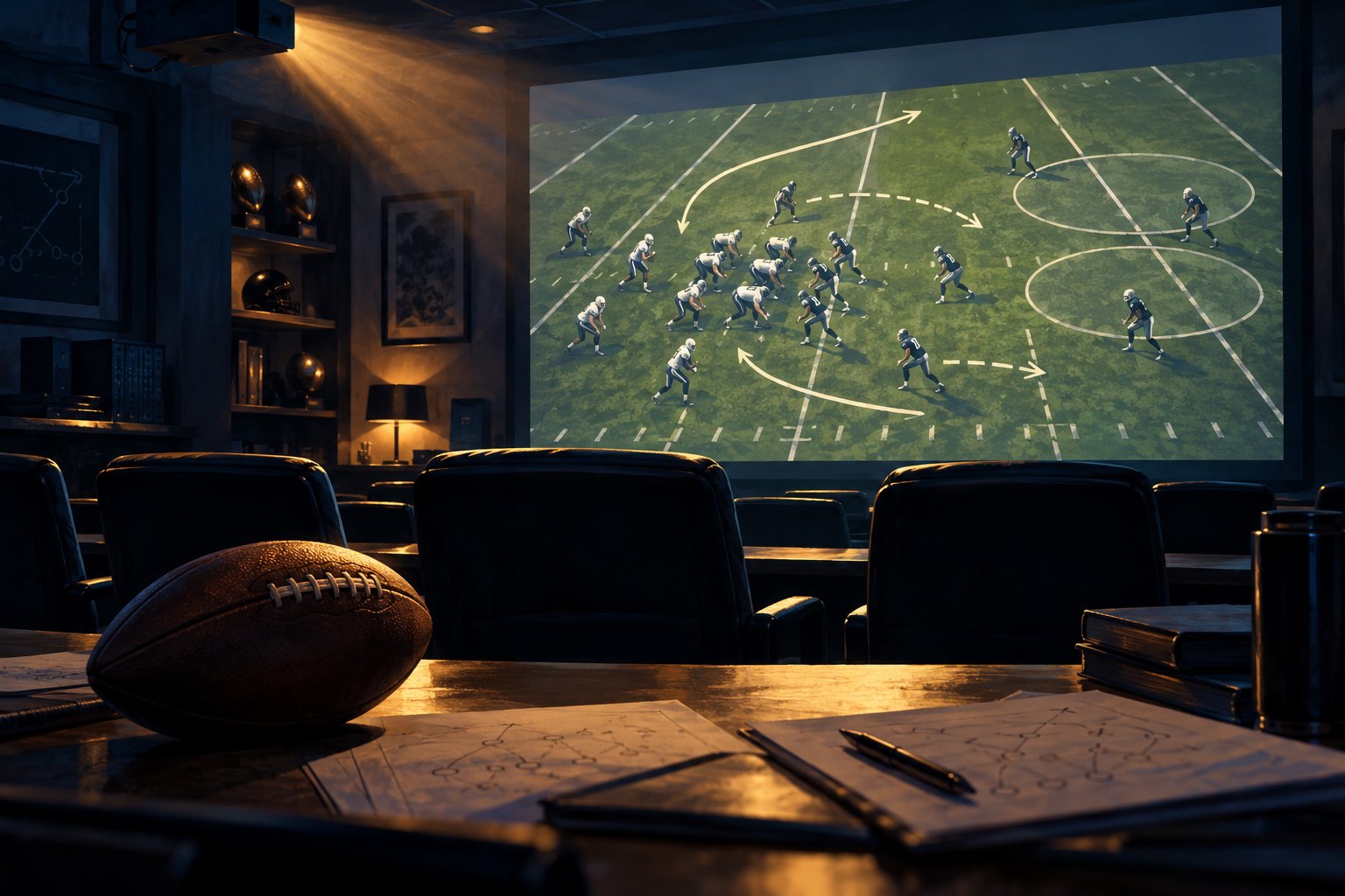 Illustration of an empty football film study room with a projected field and a football on the foreground desk.