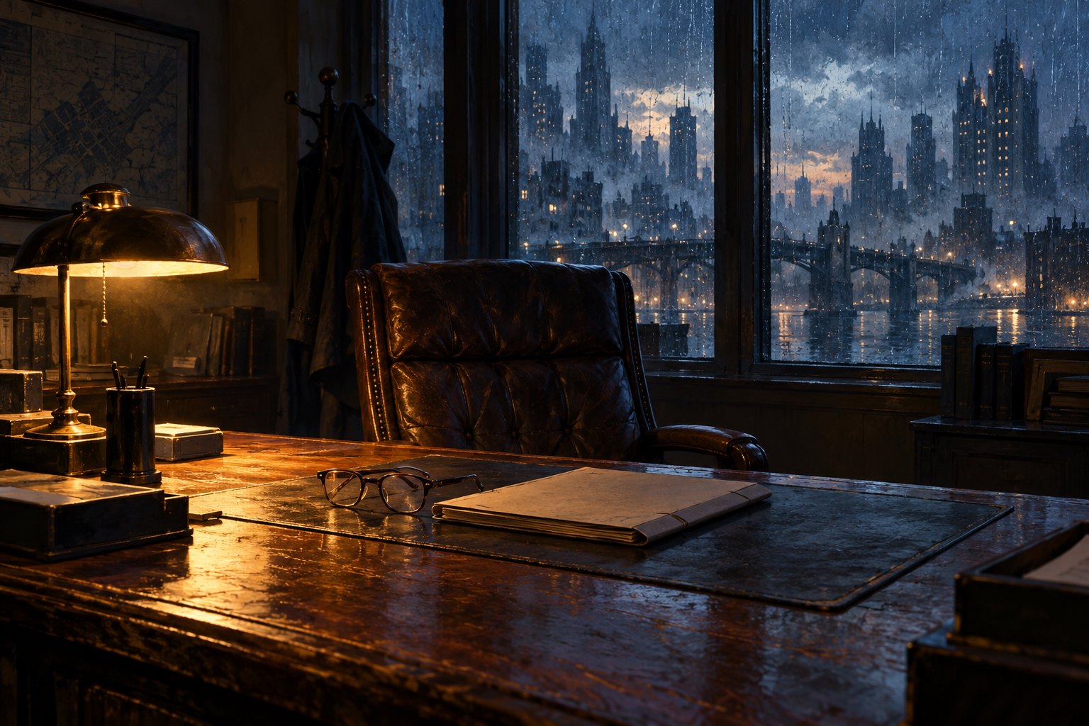 Conceptual illustration of an empty police commissioner's office with glasses and a closed folder on a lamplit desk overlooking a rainy city.