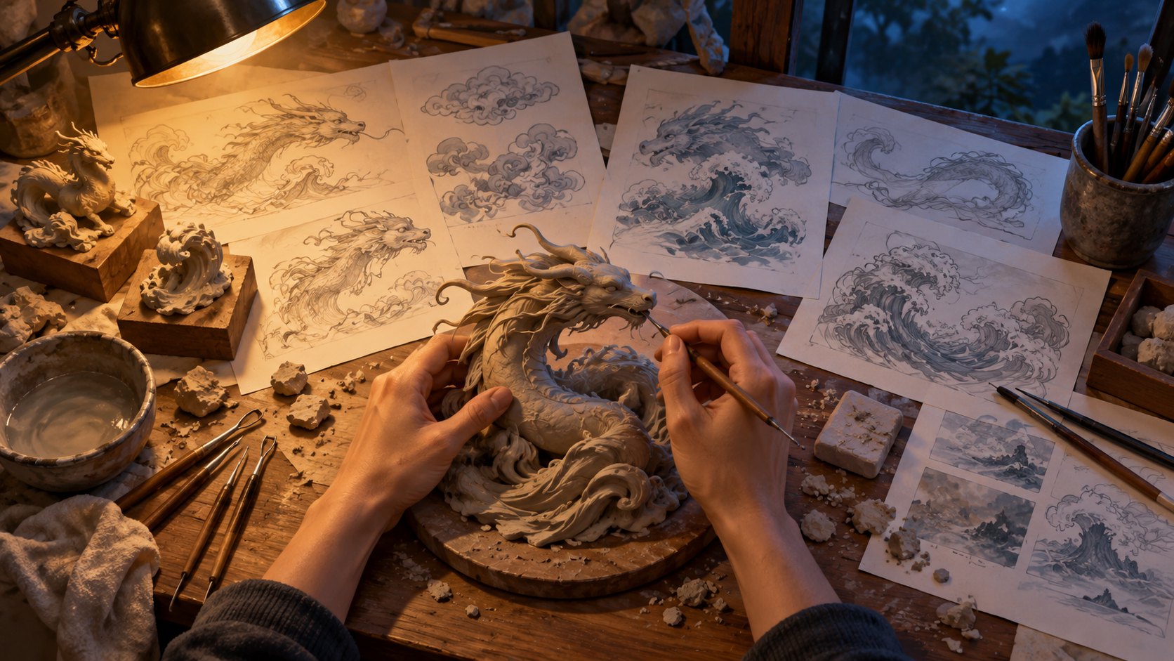 創作者在雲紋與海浪草圖旁修整龍形模型的概念插畫,非實際製作現場