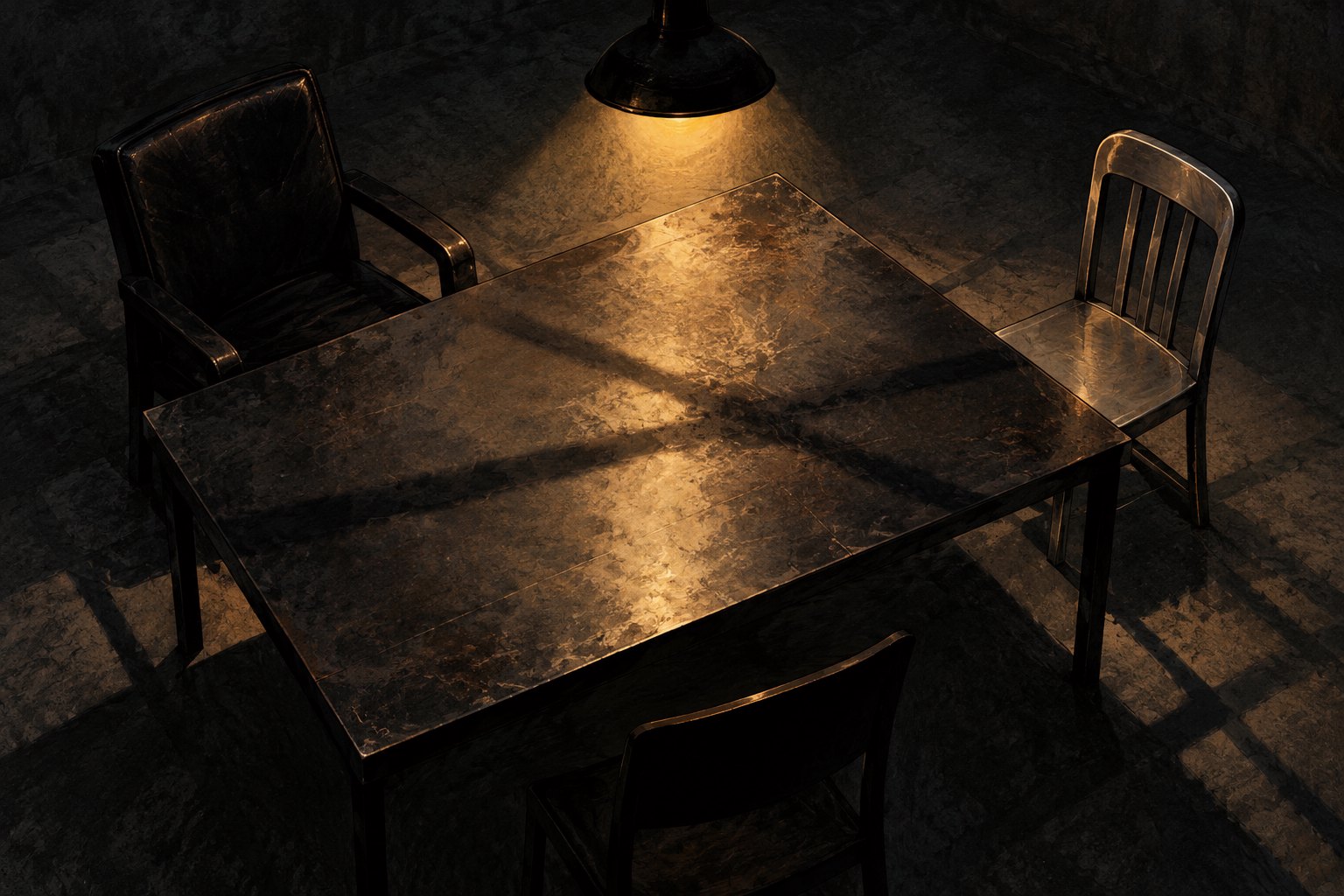 Conceptual illustration of three empty chairs around a dark table beneath a single overhead light.