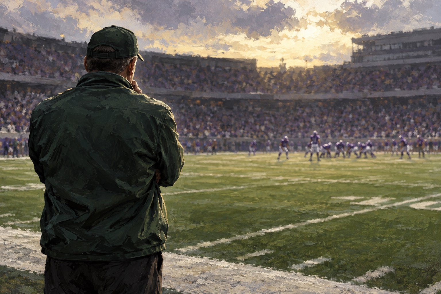 Conceptual illustration of a football coach in a dark green jacket watching distant purple-clad players from the sideline.