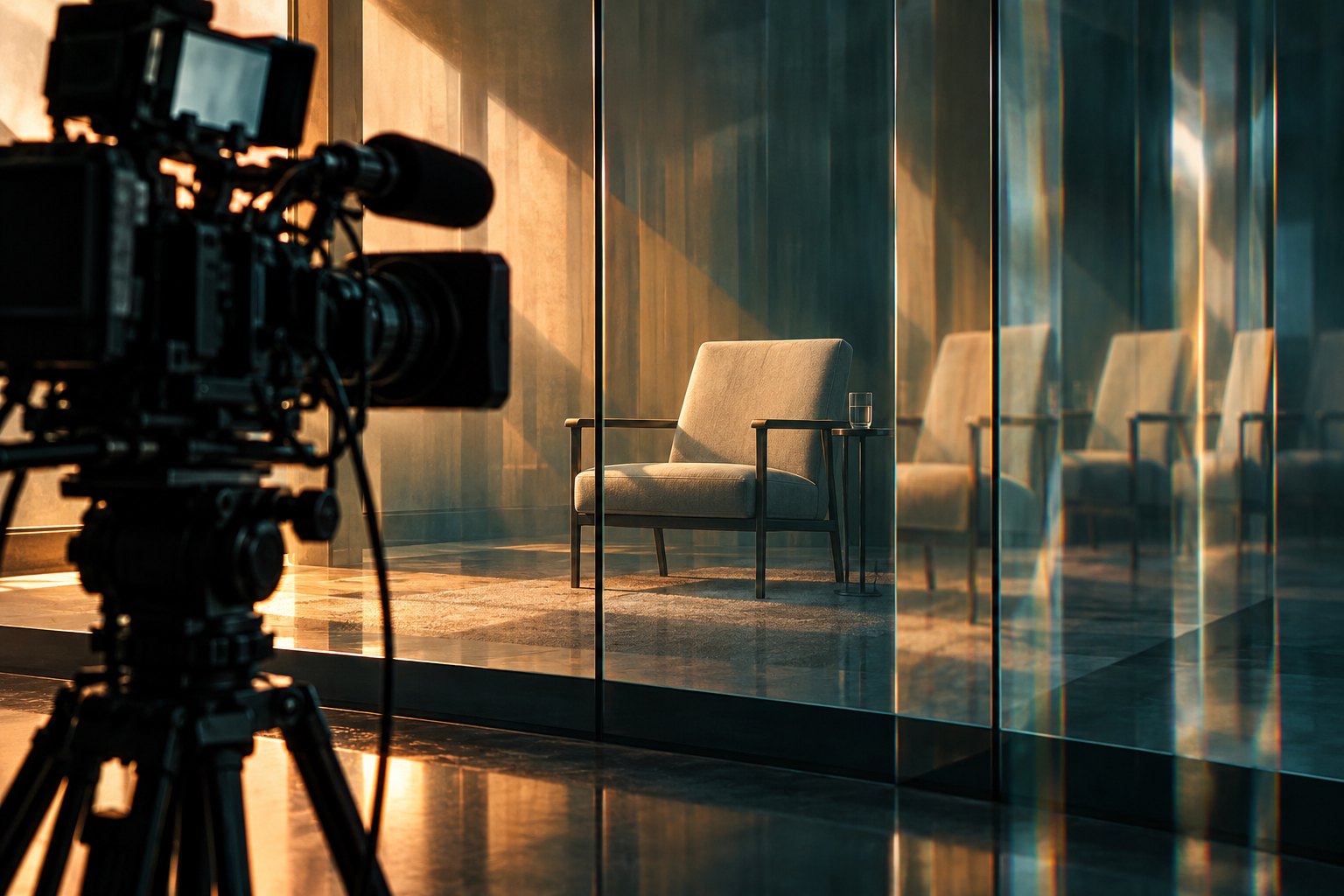 Conceptual illustration of a documentary camera facing an empty interview chair reflected through glass panels.