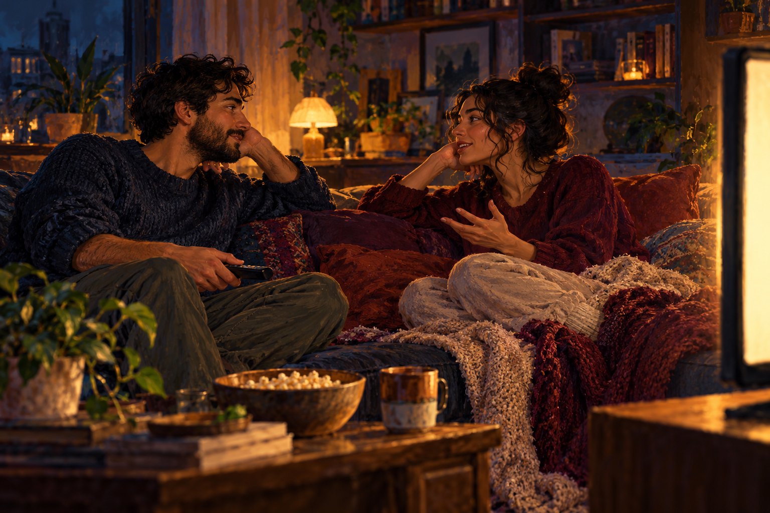 Two friends discuss a movie on a sofa in a warmly lit apartment in a painterly editorial illustration.