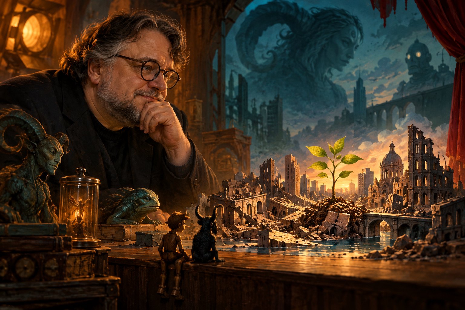 Symbolic illustration of Guillermo del Toro contemplating a miniature ruined city with a green sapling growing among the buildings.