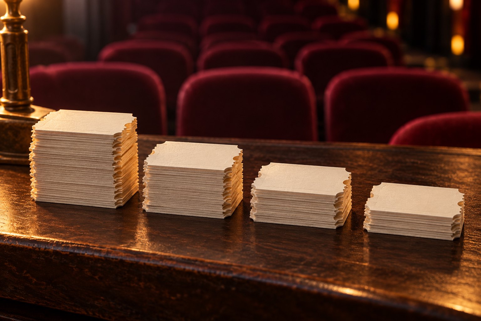 Conceptual illustration of four stacks of blank admission tickets on a wooden counter with burgundy theater seats behind them.
