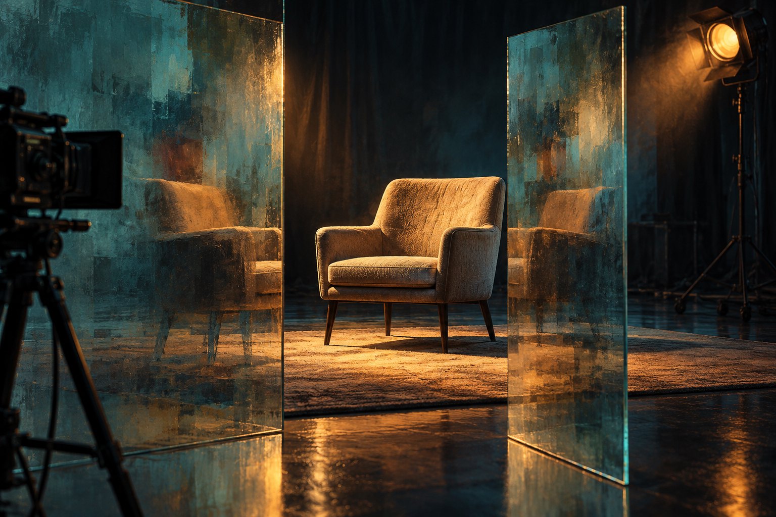 Conceptual illustration of an empty interview chair reflected in glass panels on a dim soundstage.