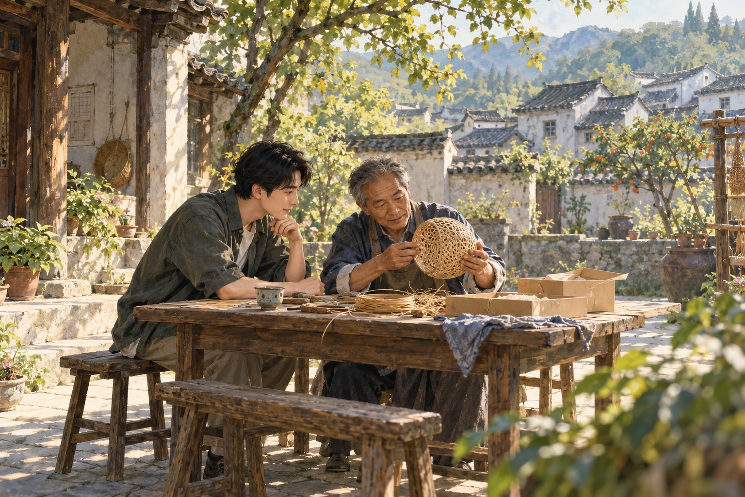 家乡手艺主题插画：年轻人与年长手艺人在院落木桌旁观察编织器物，非影片剧照