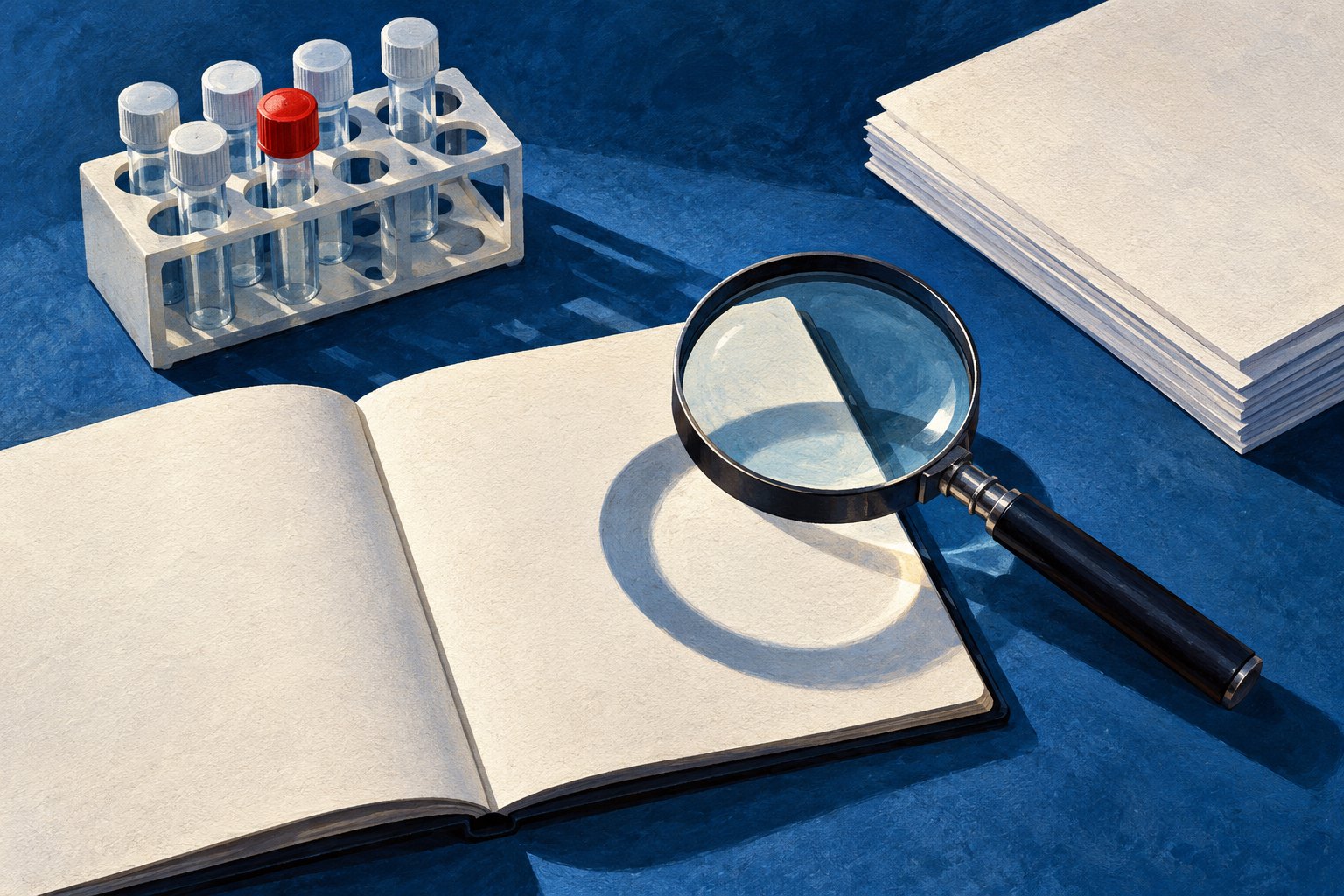 Conceptual illustration of laboratory sample tubes, blank documents, and a magnifying glass on an open notebook.