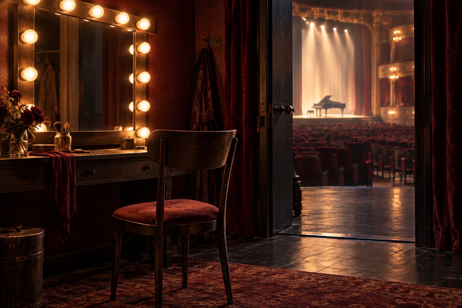 Conceptual illustration of an empty dressing room with an illuminated mirror and an open doorway overlooking a theater stage.