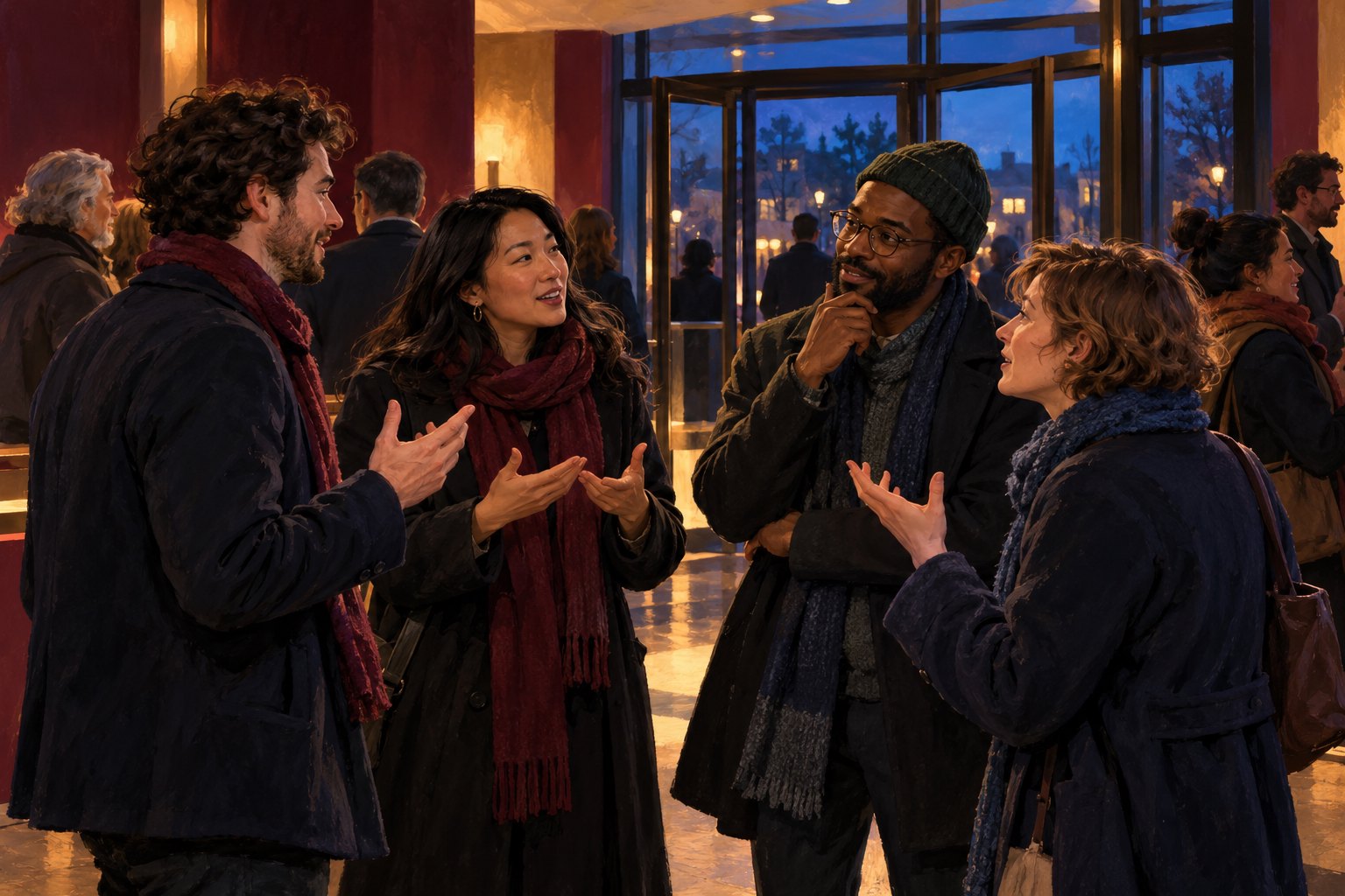 Conceptual illustration of moviegoers discussing a film in a warmly lit cinema lobby at dusk.