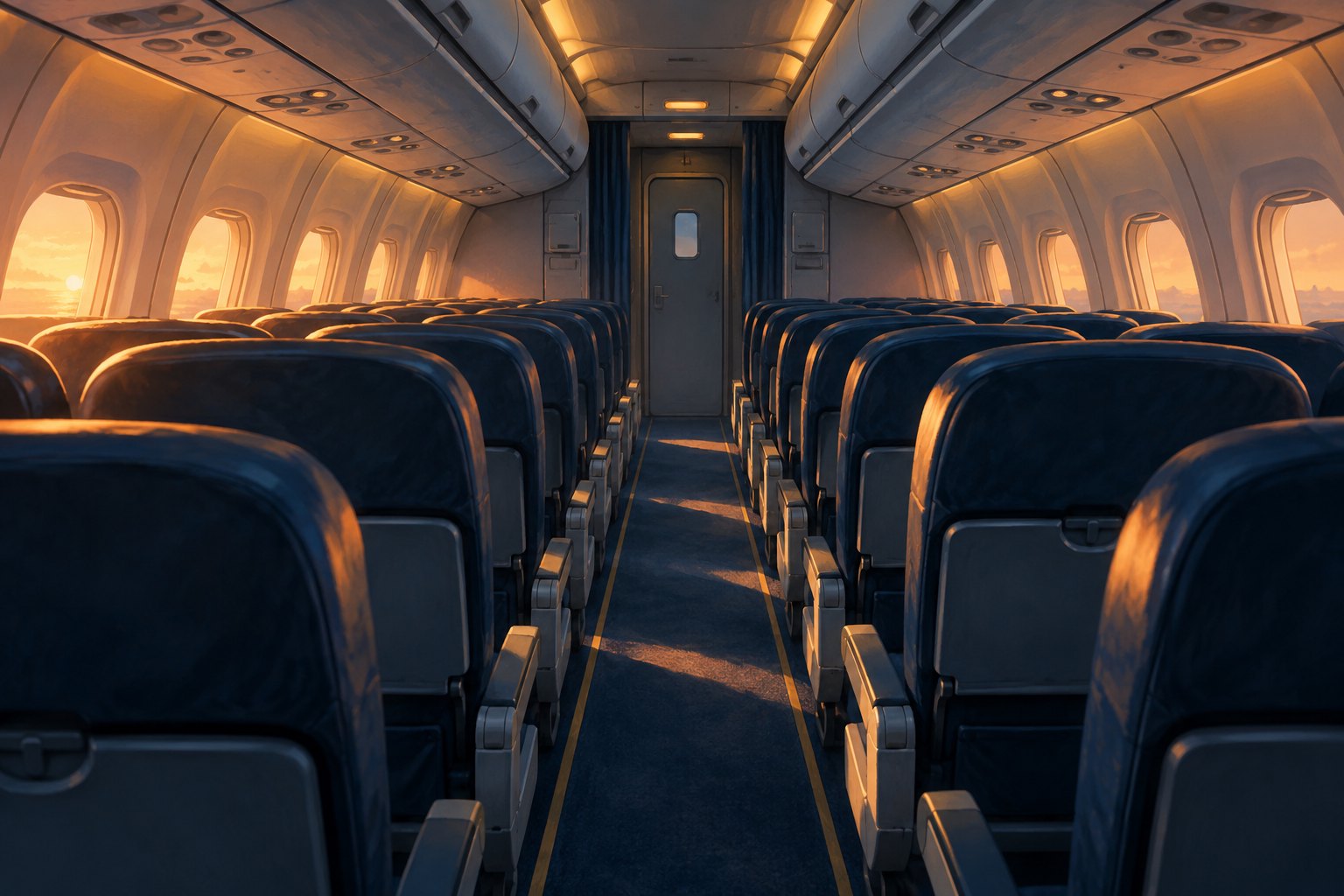 Conceptual illustration of an empty airplane cabin with blue seats, warm window light, and a closed door at the end of the aisle.