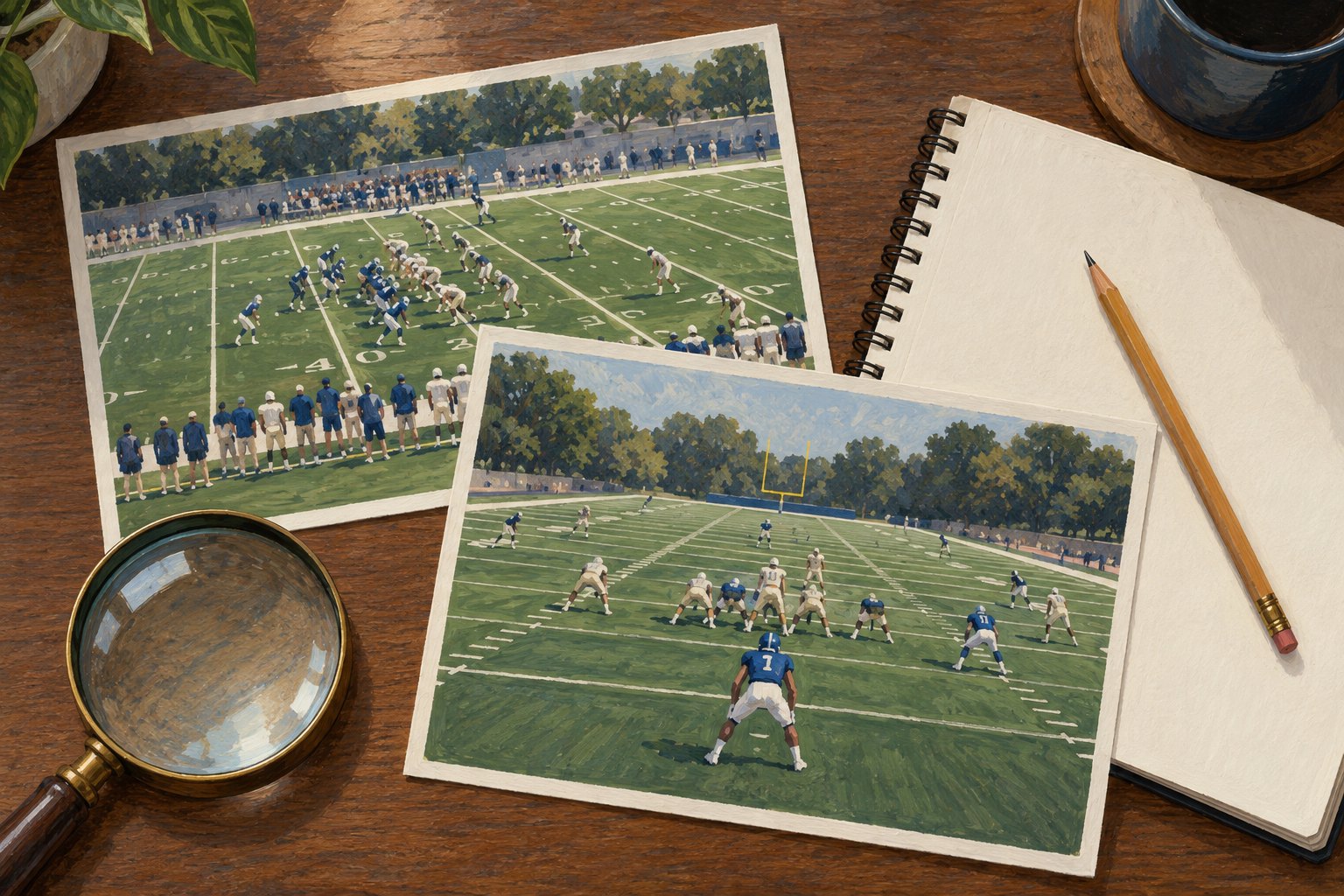 Illustration of an analyst’s desk with two football field views, a blank notebook, a pencil, and a magnifying glass.